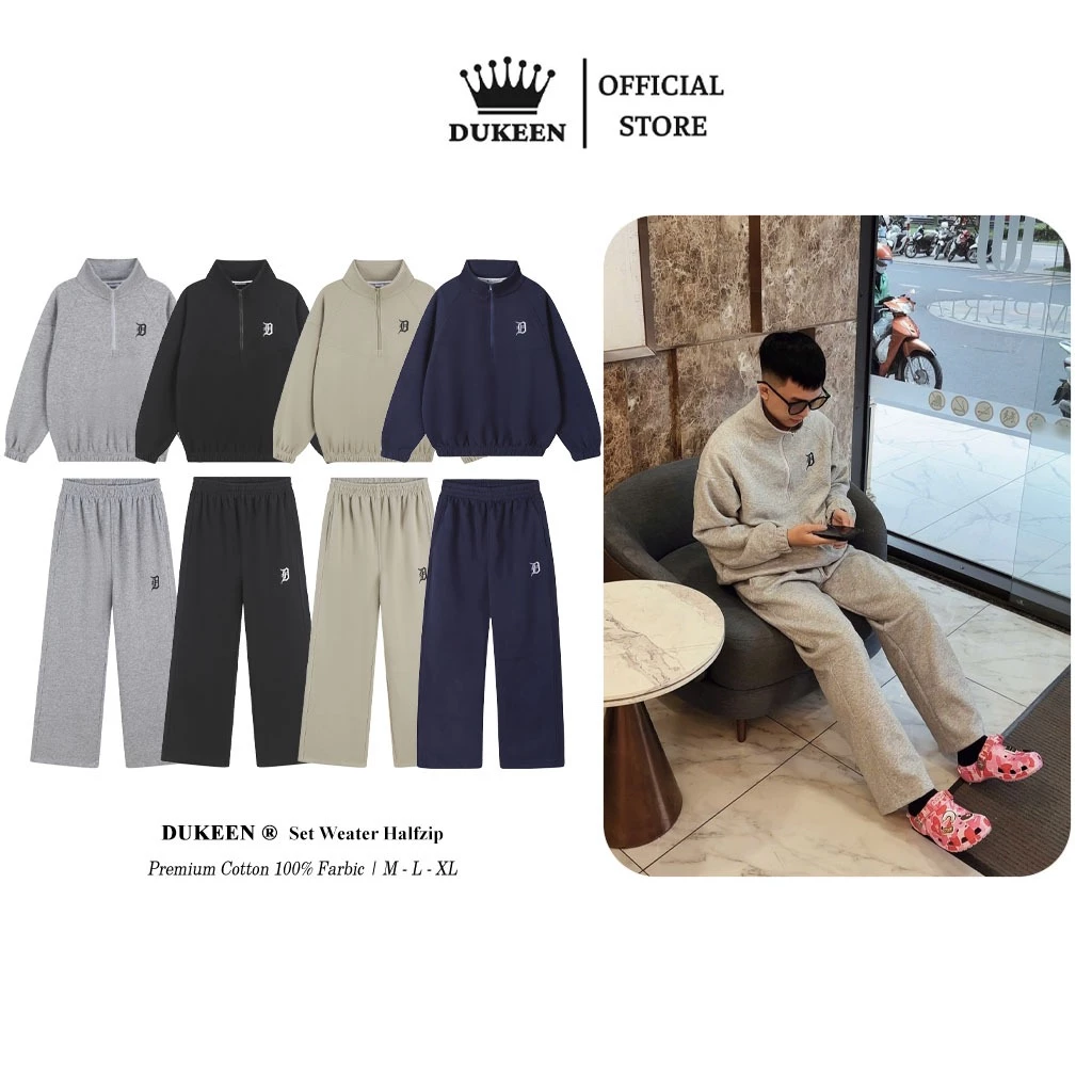 Set Bộ Nỉ Nam Nữ Premium Không Xù Lông Thêu D, Áo Halfzip Sweater Sweater DK103
