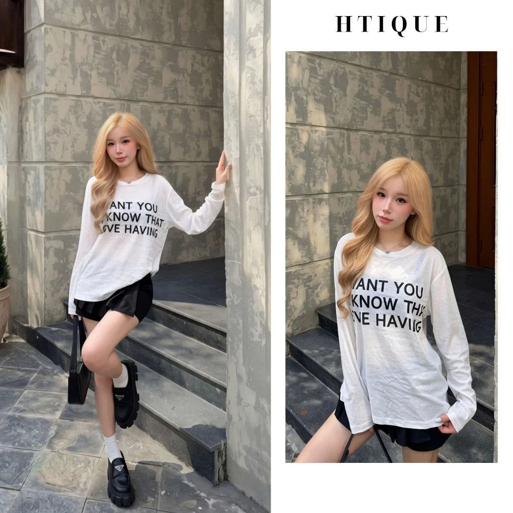 HTIQUE - DEAL Mở Bán Áo Phông Giấy Tay Dài In Chữ Form Oversize, Áo Thun Nữ Basic Dáng Rộng Cá Tính Mặc Đi Dạo Phố AK21