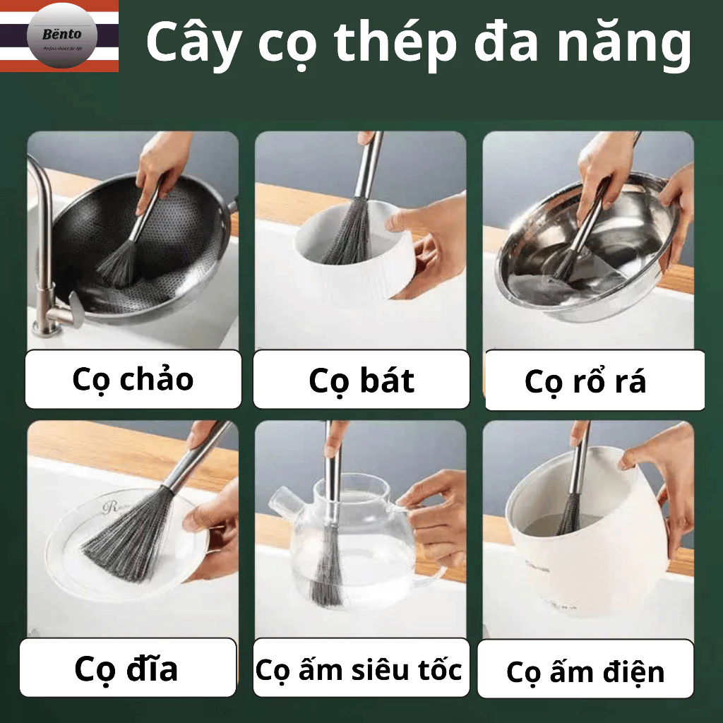 BENTOMOP_ Chổi Cọ Xoong Cọ Nồi Chảo Inox 304 Đánh Bay Vết Bẩn - Bàn Chải Chà Rửa Chén Bát Đa Năng