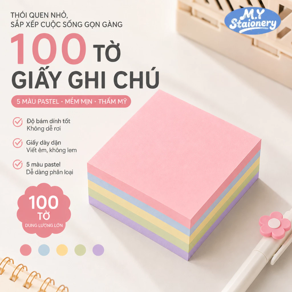 Set 100 Tờ Giấy Note Màu Morandi M.Y – Giấy Ghi Chú Tiện Lợi Cho Học Tập, Văn Phòng