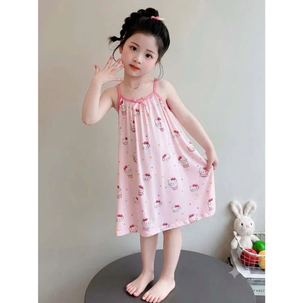 [A66] Váy 2 dây bé gái Kitty 3D tăm gân mềm mát, váy suông xinh xắn mặc hè đi chơi ở nhà cho bé 9-35kg