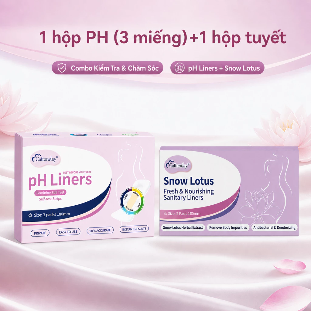 Combo Cottonday 2in1: 1 hộp băng vệ sinh test pH + 1 hộp miếng dán ấm bụng thảo mộc