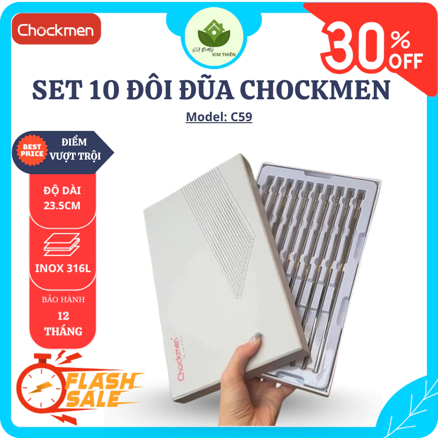 Set 10 Đôi Đũa CHOCKMEN C59 Inox 316 Cao Cấp 24cm, Thiết Kế Chống Trơn Trượt, An Toàn Khi Sử Dụng - Gia Dụng Kim Thiên