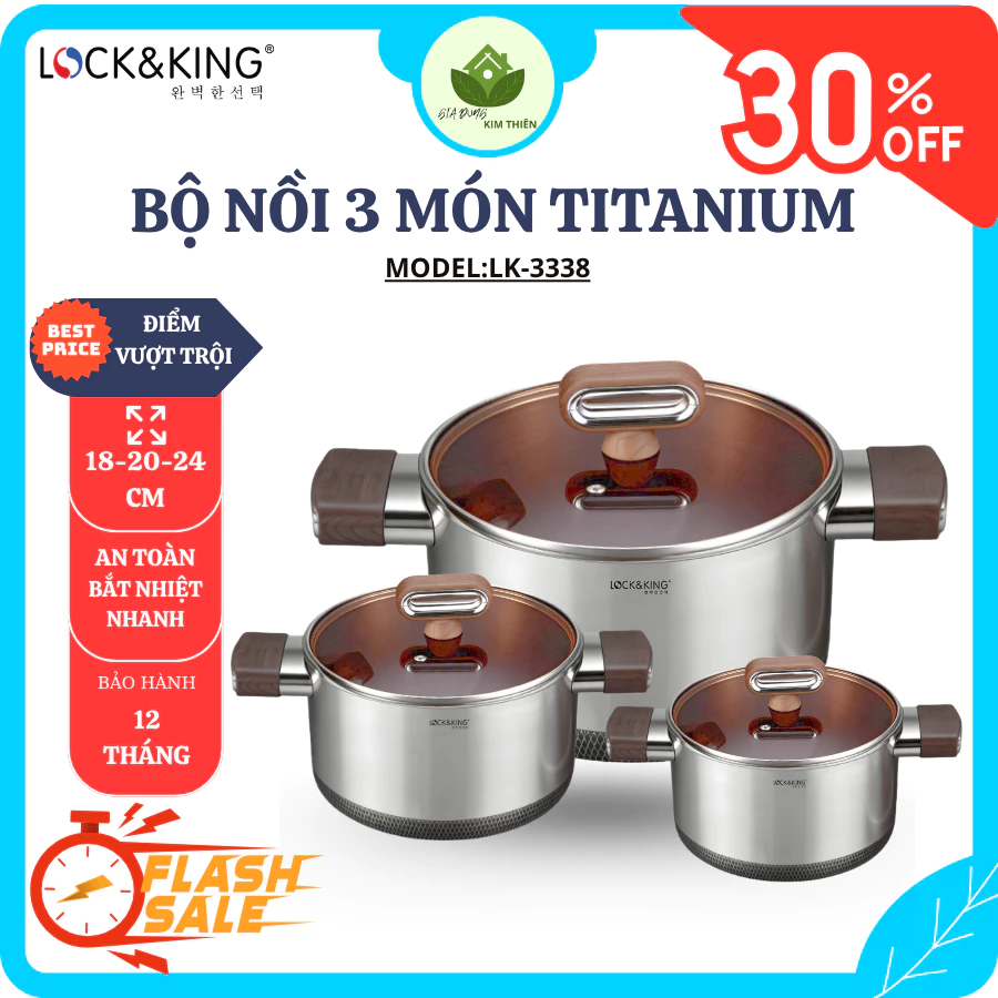 Bộ 3 Nồi Titanium Lock&King LK-3338 Inox 316 Cao Cấp, Dung Tích 2.5L - 3.6L - 6.3L - Gia Dụng Kim Thiên