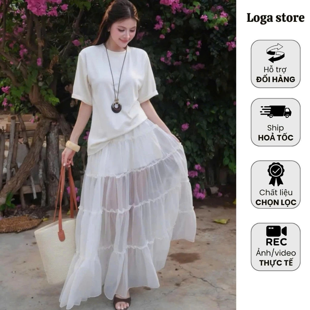 Chân Váy Maxi Nữ Voan Lưới Xếp Tầng Dáng Dài Bồng Bềnh Phong Cách Nàng Thơ Hàn Quốc Logastore_L110