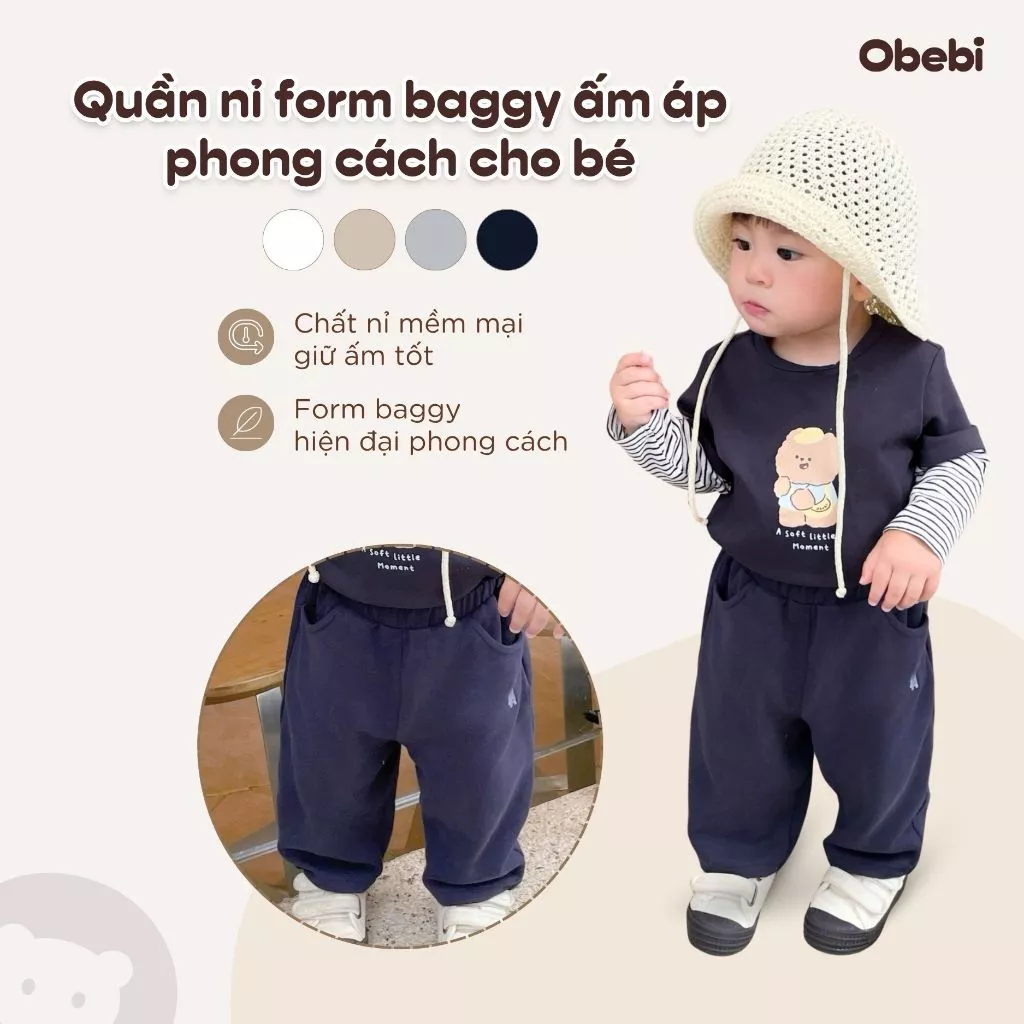 Quần Nỉ Dài Thu Đông Phom Baggy Trẻ Em Hình Thêu Con Gấu Cho Bé Trai Bé Gái 9-23kg Obebi Q259