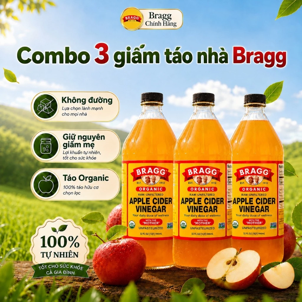 [COMBO 3 CHAI] Giấm Táo Bragg 473ml – Hữu Cơ, Không Lọc, Giữ Nguyên Giấm Mẹ
