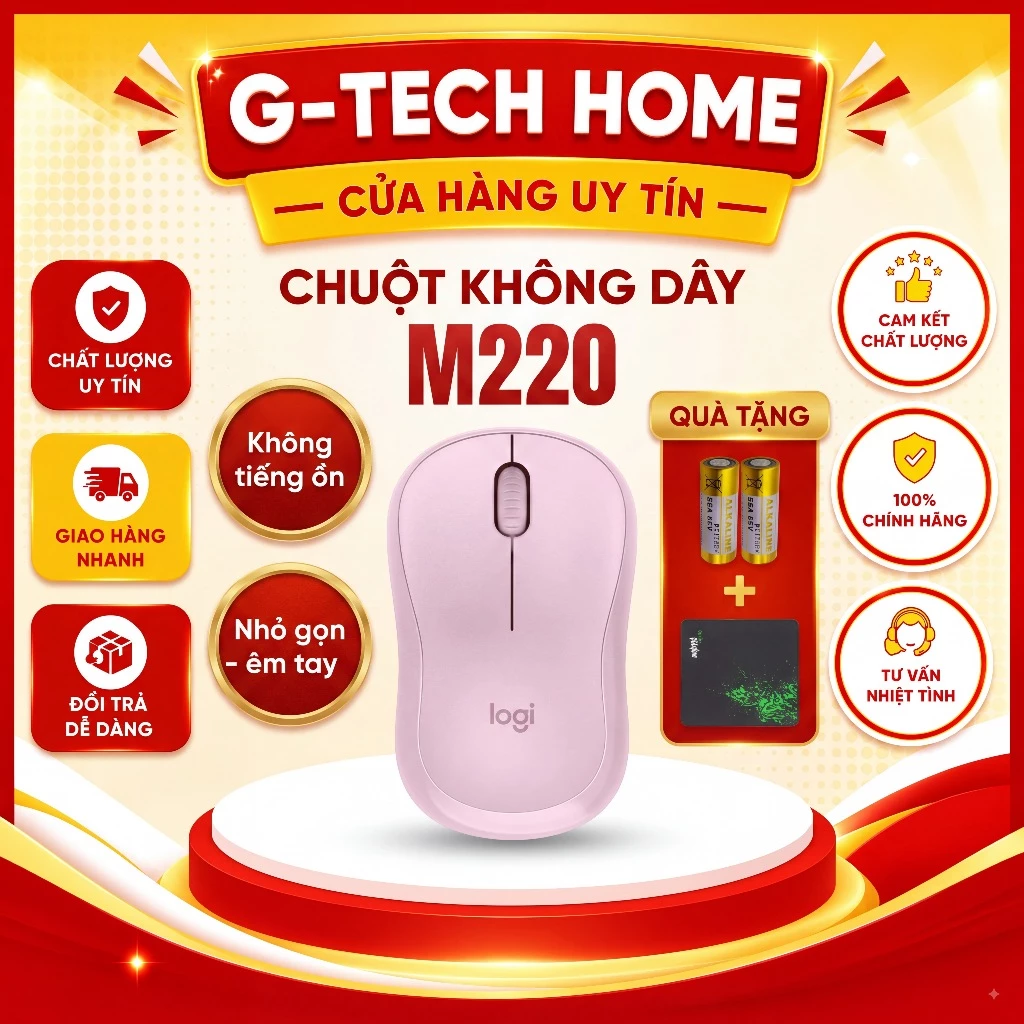 (Tặng Lót Chuột) Chuột Không Dây Logitec M220 Silent - Giảm Ồn 90%, USB, Tặng Pin, Phù Hợp PC/Laptop BH 1 Năm