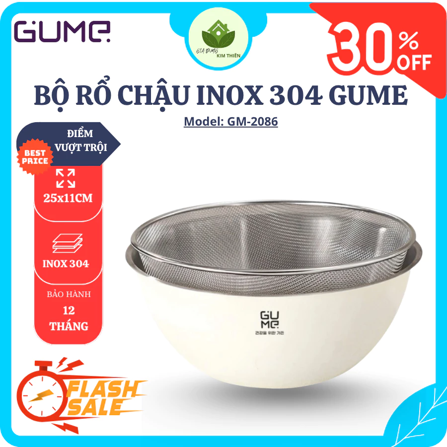Bộ Rổ Chậu Inox GUME GM-DR0025 Size 25cm, Inox 304 Cao Cấp, Thiết Kế 2 Trong 1 Tiện Dụng - Gia Dụng Kim Thiên