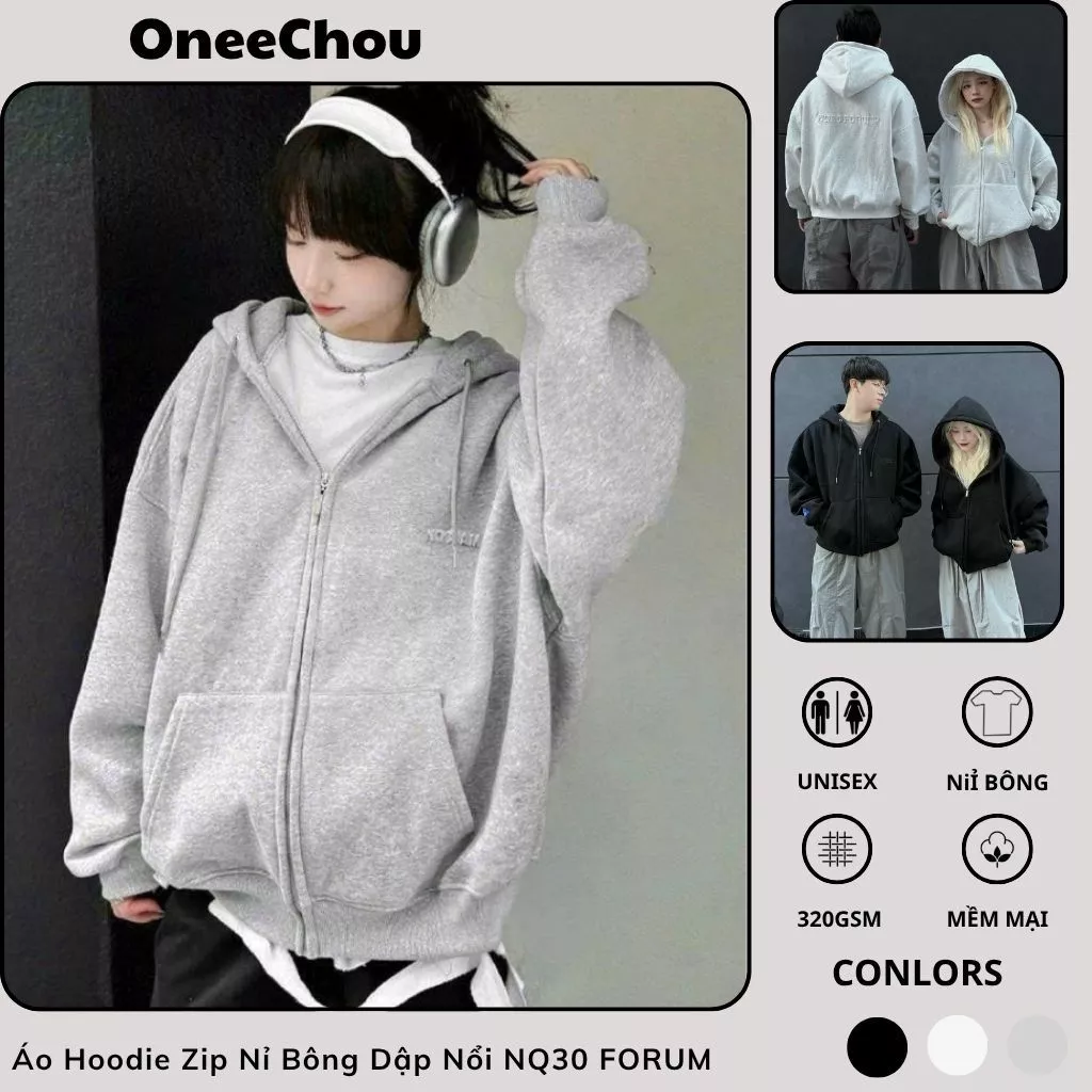 Áo Khoác Hoodie Zip Nỉ Bông Cotton Dập Nổi NQ30 FORUM Có 2 Màu Xám Trắng Và Xám Tiêu Form Boxy Nam Nữ Unisex