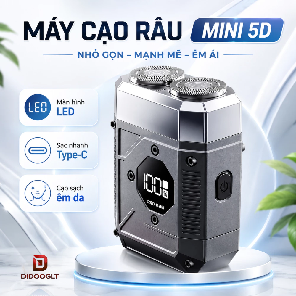 Máy Cạo Râu Mini 5D – Có Màn Hình LED Báo Pin Thông Minh, Sạc Type-C, Cạo Sạch Êm Da