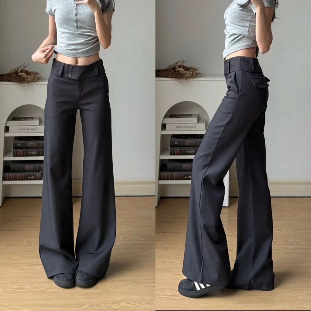 Quần vải ống suông loe nhẹ khuy lệch phối túi sau màu đen thanh lịch - TikTik