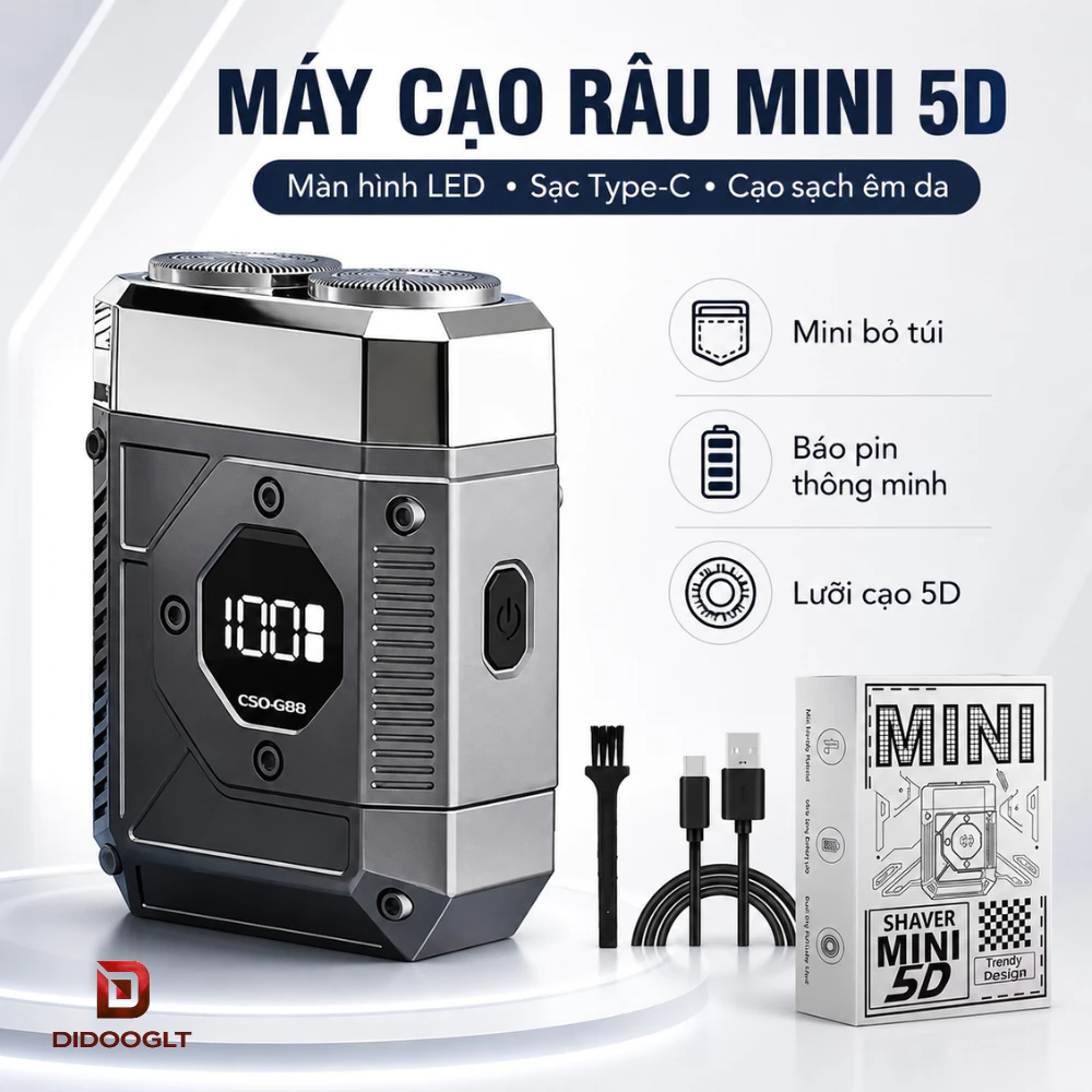 Máy Cạo Râu Mini 5D Cạo Êm Sạch, LED Báo Pin, Sạc Type-C, Nhỏ Gọn Tiện Mang Theo Didooglt