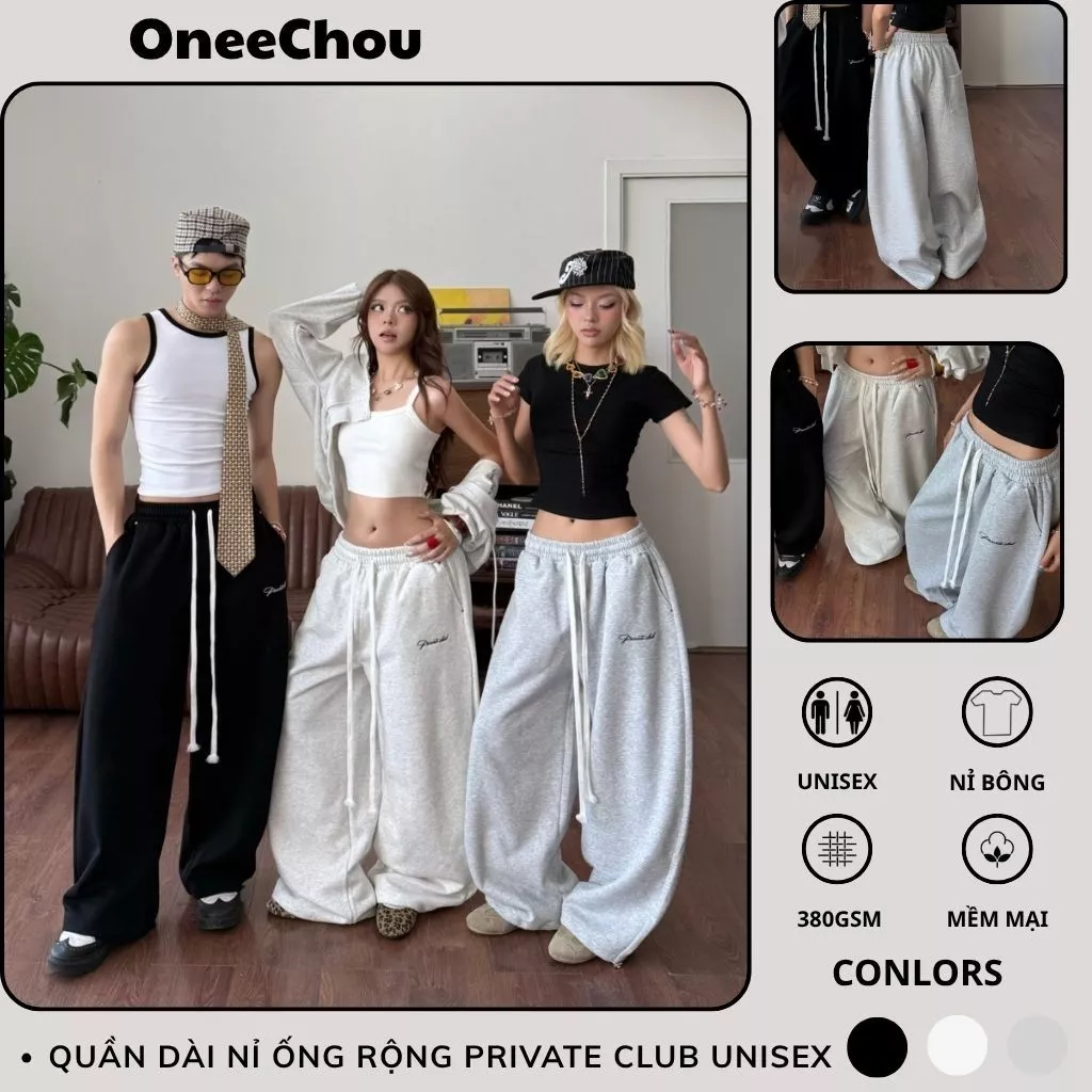 Quần Dài Nỉ Private Club Ống Rộng Lưng Thun Dây Rút Dài,3 Màu Xám Trắng Tiêu Đen Cá Tính Nam Nữ Đi Chơi, Ở Nhà Mặc Nhóm