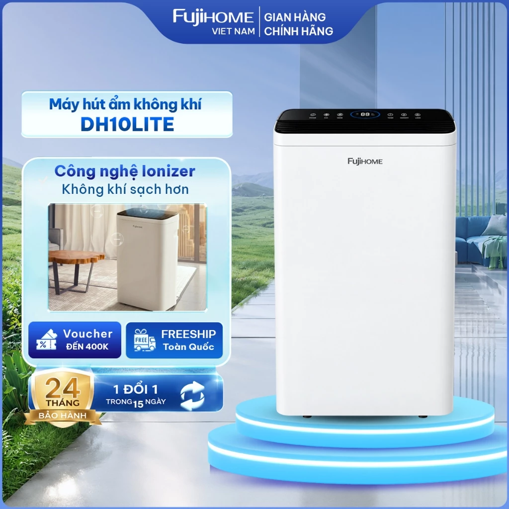 Máy hút ẩm dân dụng gia đình Fujihome DH10LITE Nhập khẩu, công suất 10L/ ngày máy nén Block hút nhanh tiết kiệm điện