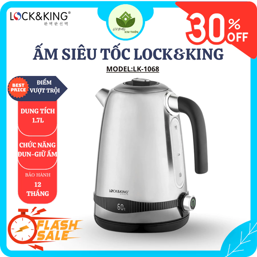 Ấm Siêu Tốc Lock&King LK-1068 Dung Tích 1.7L, Inox 304 Cao Cấp, Đun Nước Nhanh Và An Toàn - Gia Dụng Kim Thiên