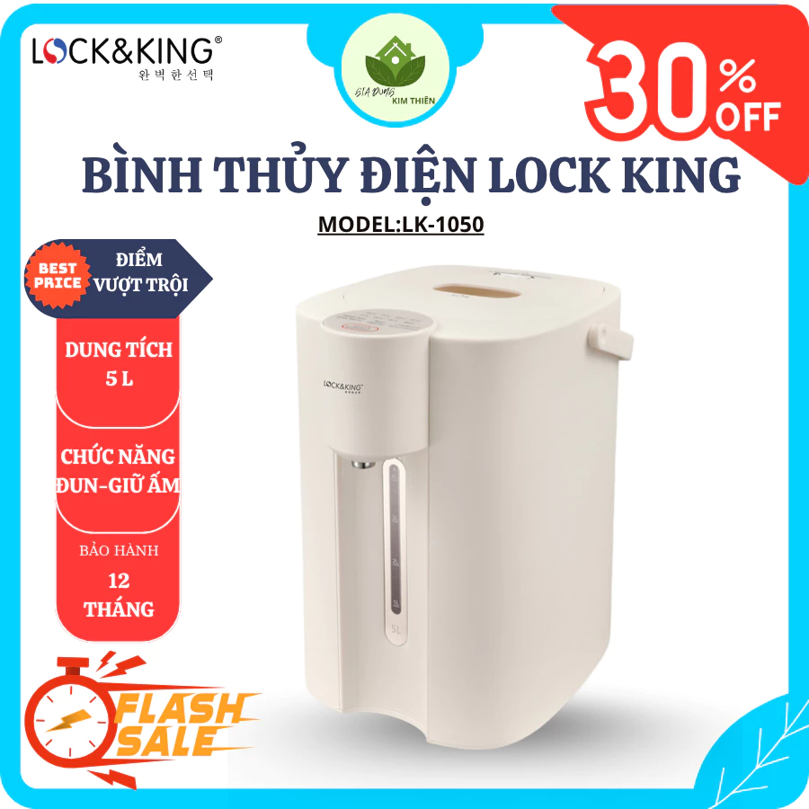 Bình Thủy Điện Lock&King LK-1050 Lõi Thủy Tinh, Inox 304, Khóa An Toàn Thông Minh, Khử Clo - Gia Dụng Kim Thiên