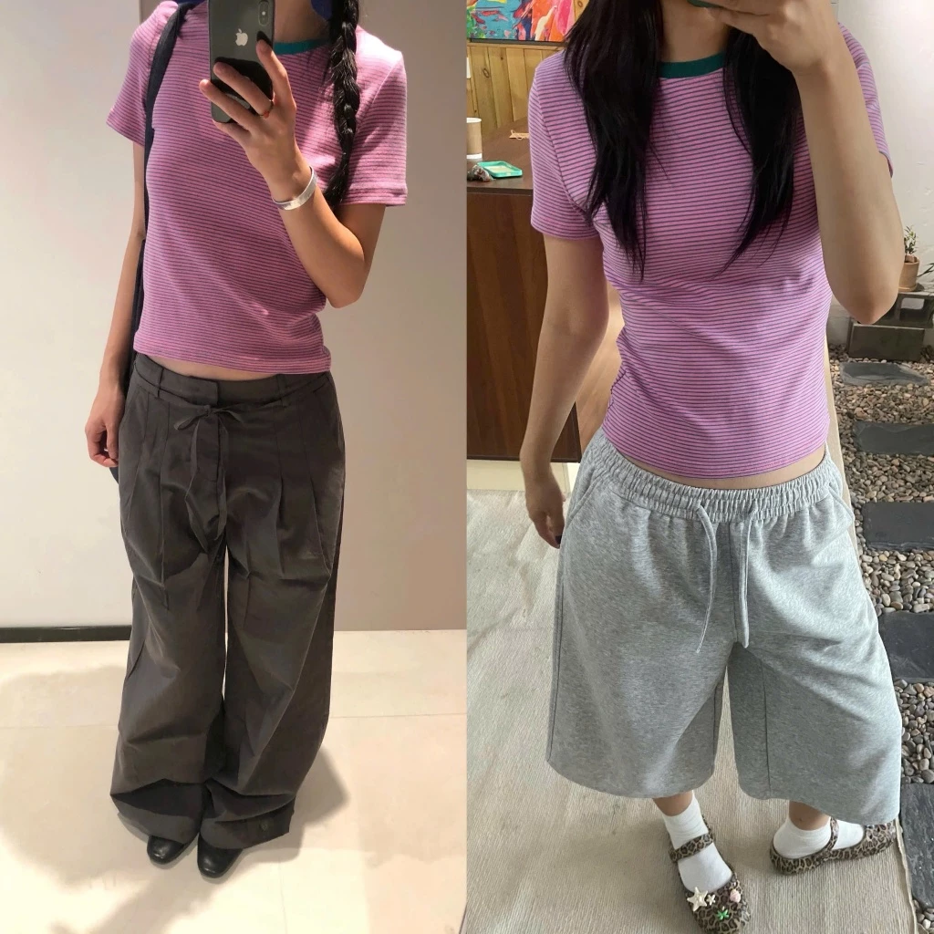 Áo thun baby tee kẻ màu hồng tím viền cổ xanh dáng vừa - TikTik