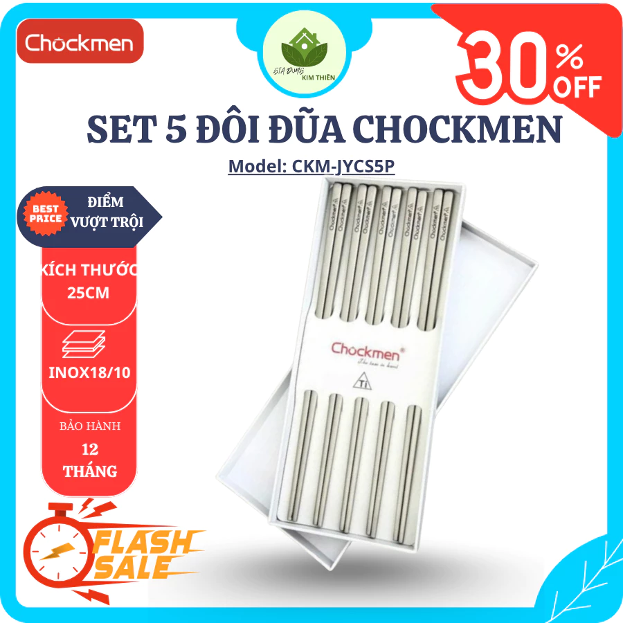 Set 5 Đôi Đũa CHOCKMEN C658 25cm Inox 316 Cao Cấp, Đầu Chống Trơn Trượt, Bền Đẹp Dễ Vệ Sinh - Gia Dụng Kim Thiên