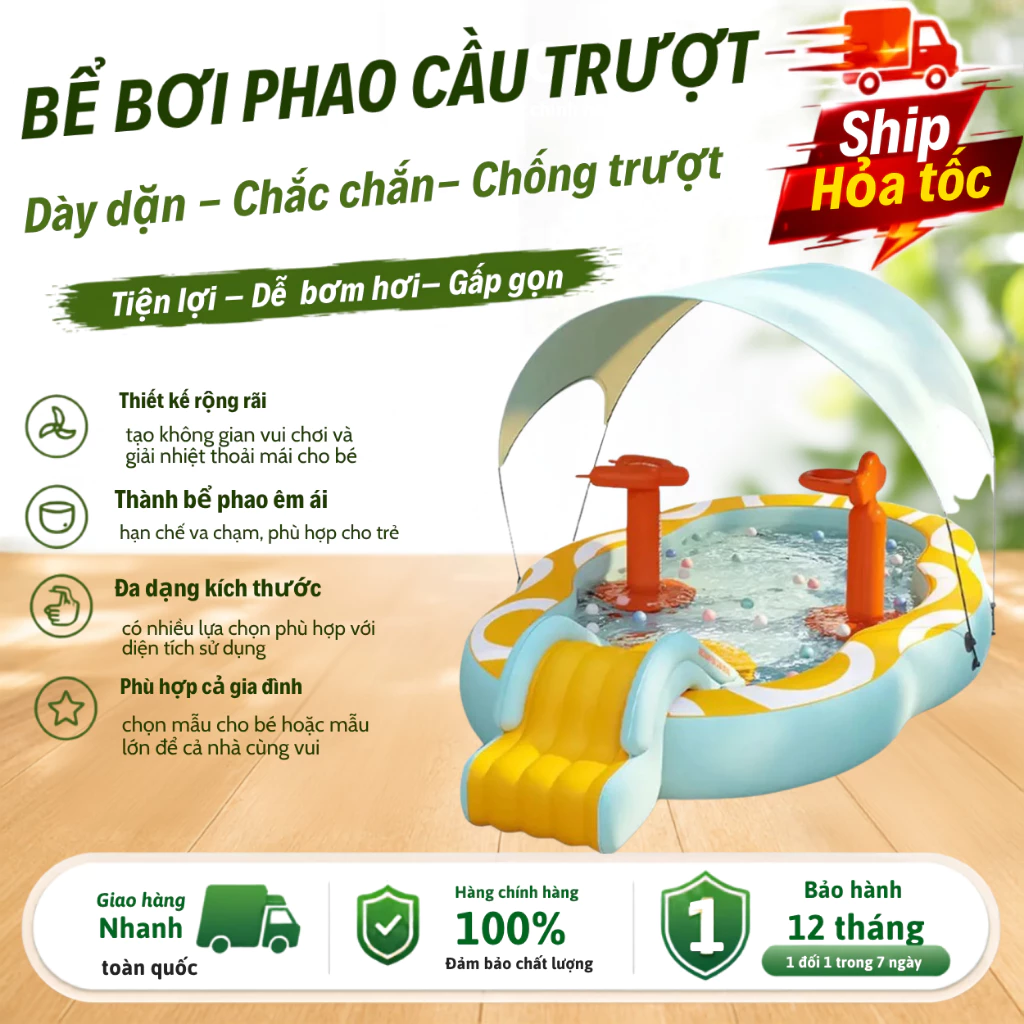 Bể bơi cho bé 1 tầng 3m2 dày dặn có kèm cầu trượt-TẶNG KÈM BƠM ĐIỆN,KEO DÁN PHAO VÀ PHAO BƠI CHO BÉ