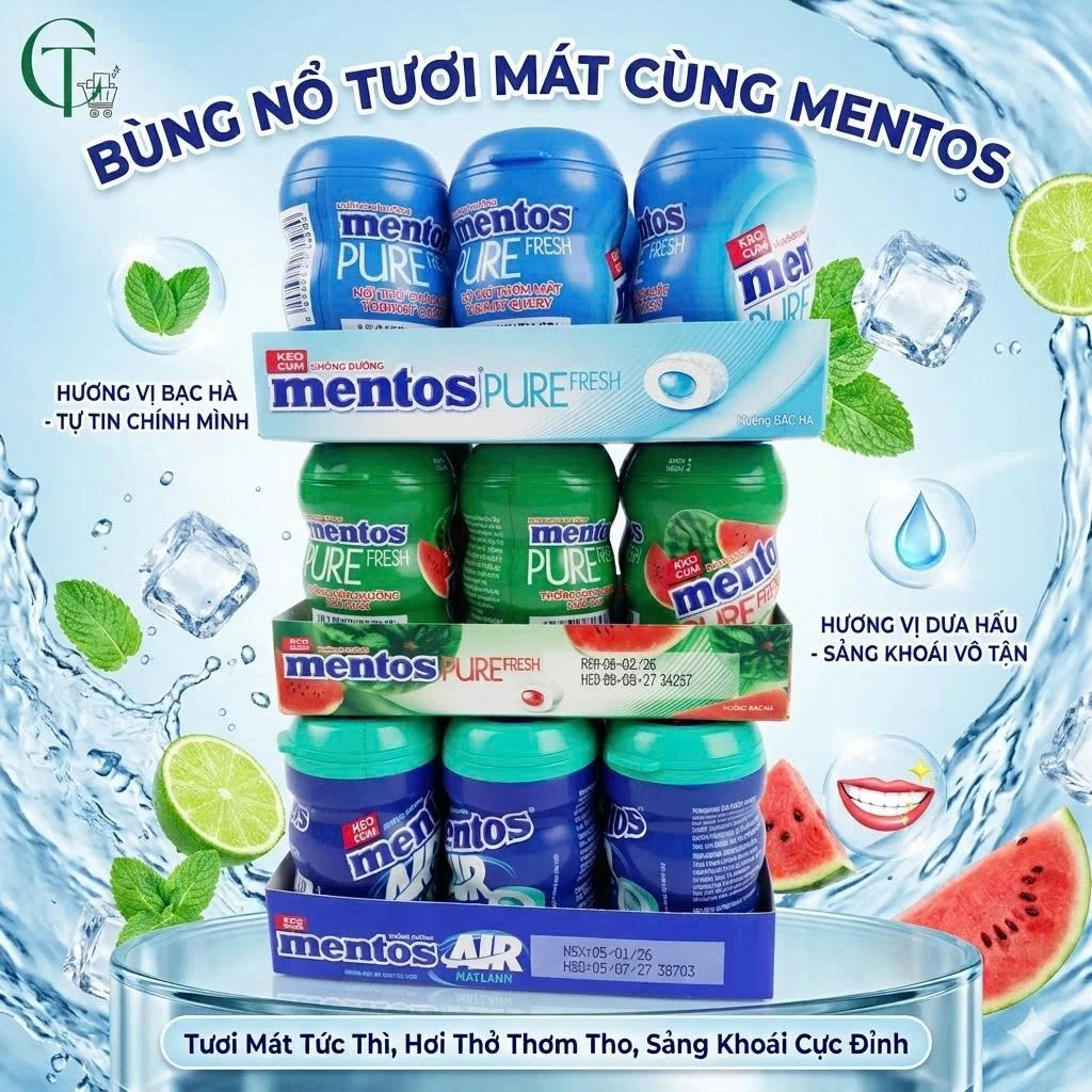 Kẹo cao su (gum) Mentos không đường hương bạc hà I dưa hấu I xylitol của Cattuongminimart