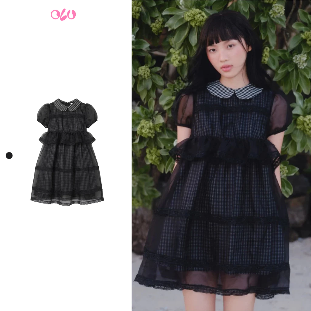 Đầm OLV dáng suông cotton voan kẻ caro Black Checked Chiffon Puff Layered Mini Dress phù hợp đi học đi chơi
