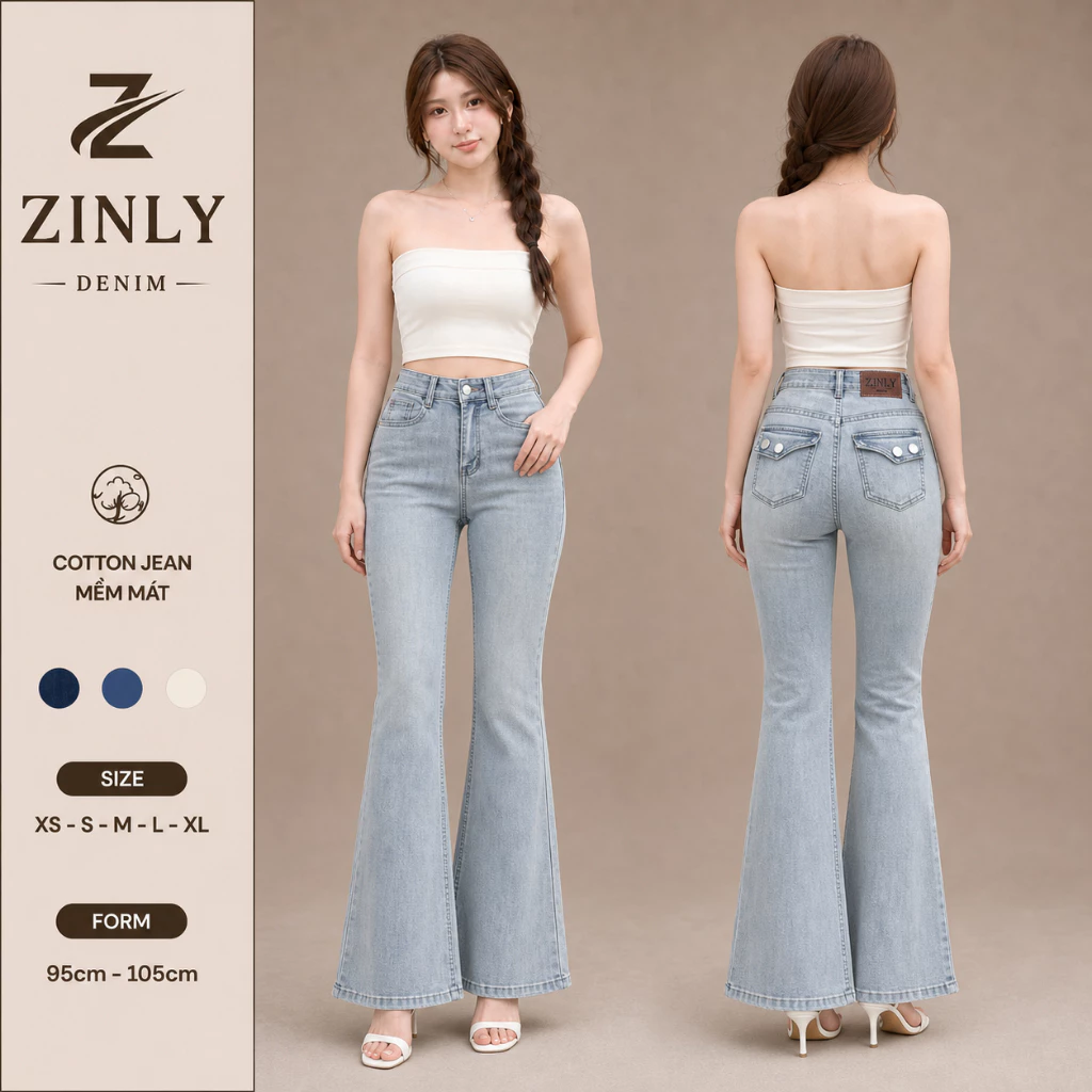 Quần Jean Nữ Ống Loe Túi Hộp 2 Nút Màu Sáng Bụi Có Fom 95 Và 105cm Vải Cotton Co Giãn Mềm Mát Q464