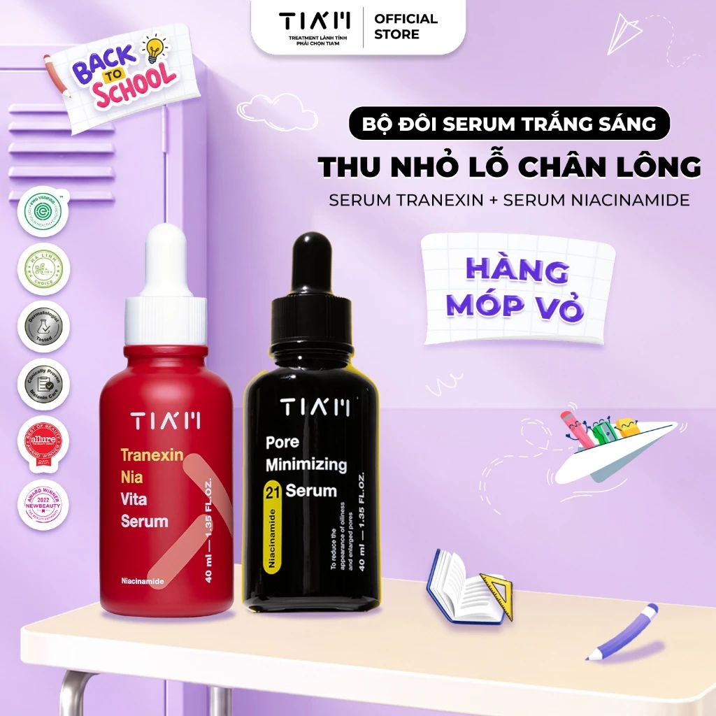 Combo Hỗ Trợ Dưỡng Trắng, Kiềm Dầu, Thu Nhỏ LCL - Tia'm Pore Mininmizing Serum 40ml + Tranexin Nia Vita Serum 40ml