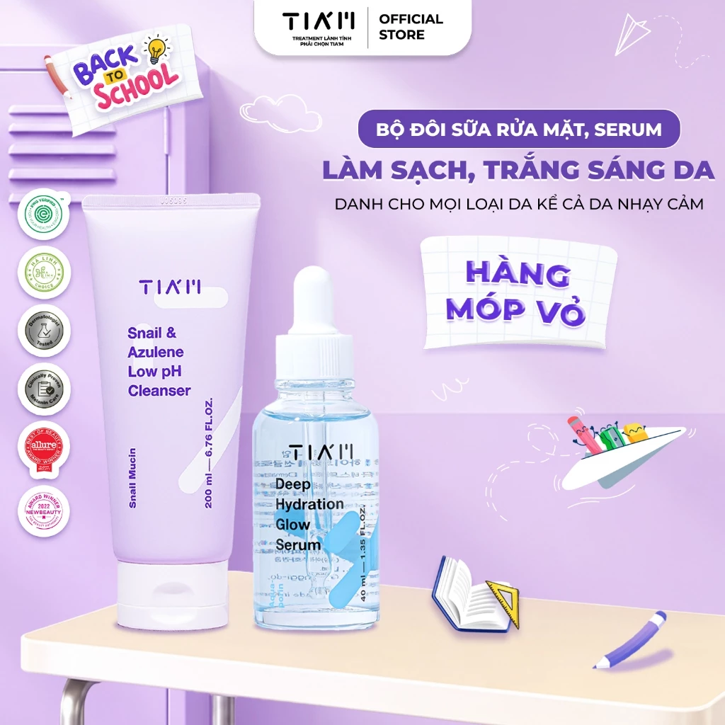 Combo Làm Sạch & Cấp Ẩm Da Sữa Rửa Mặt Snail 200ml, Serum Tia'm Deep Hydration Glow 40ml