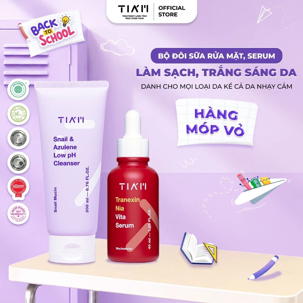 Combo Làm Sạch Da & Mờ Thâm Nám TIA’M Snail & Azulene Low pH Cleanser 200ml + Tranexin Nia Vita Serum 40ml