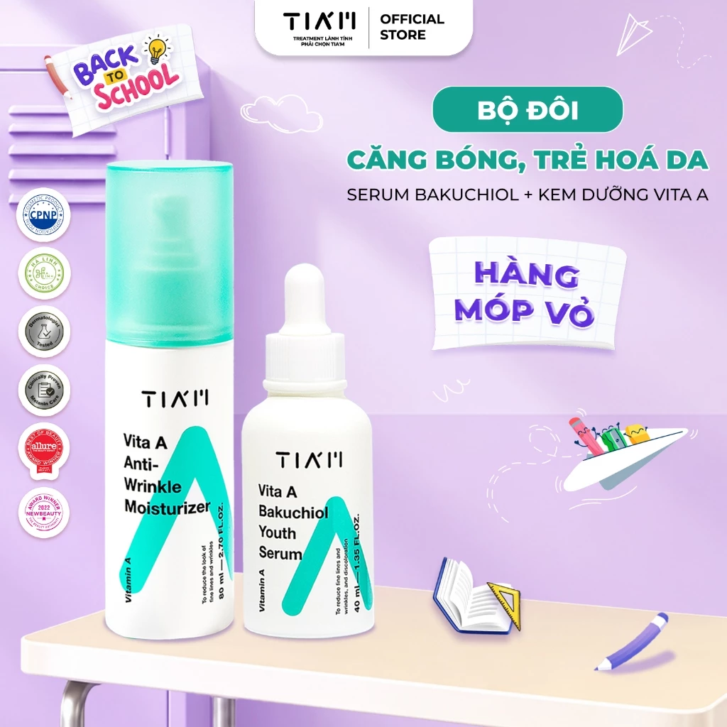 Combo Dưỡng Căng Bóng, Chống Lão Hoá Da Serum Tia'm Vita A Bakuchiol 40ml + Kem Dưỡng Anti-Wrinkle Moisturizer 80ml
