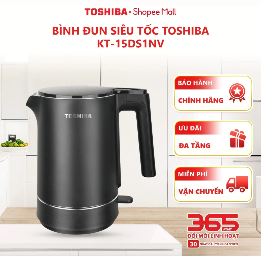 Bình đun siêu tốc Toshiba KT-15DS1NV - 1.5L - Hàng chính hãng, bảo hành 12 tháng