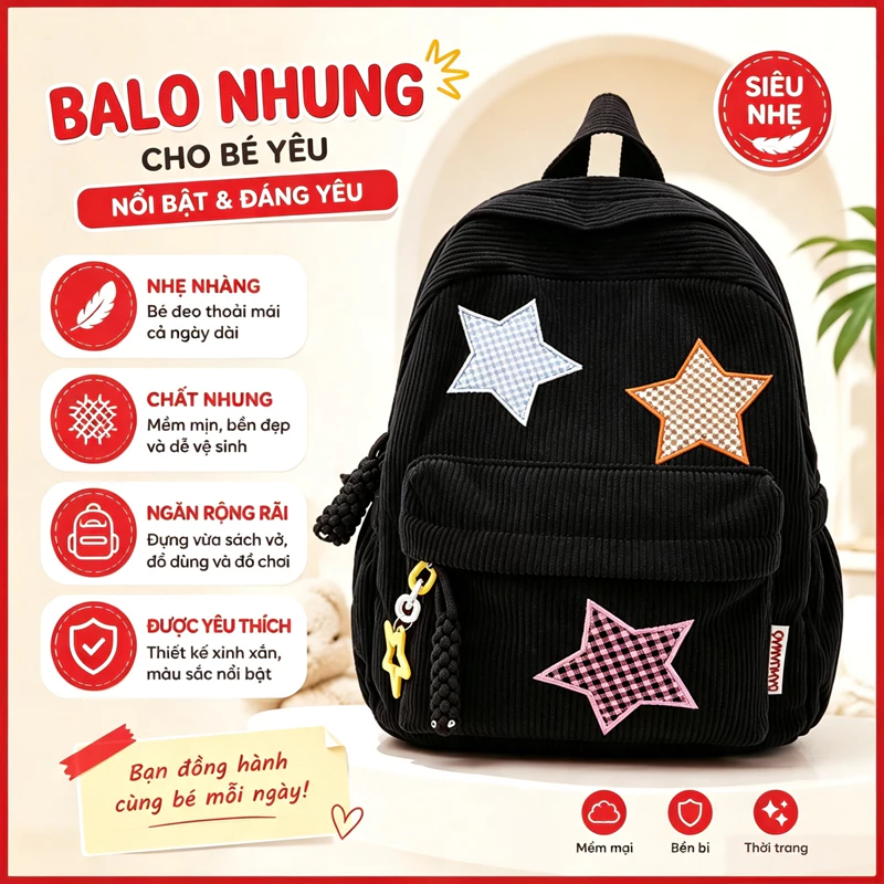Balo đi học nữ Dodo vải nhung cặp sách nữ balo trơn basic nhiều ngăn đựng vừa laptop 13 inch.b3160