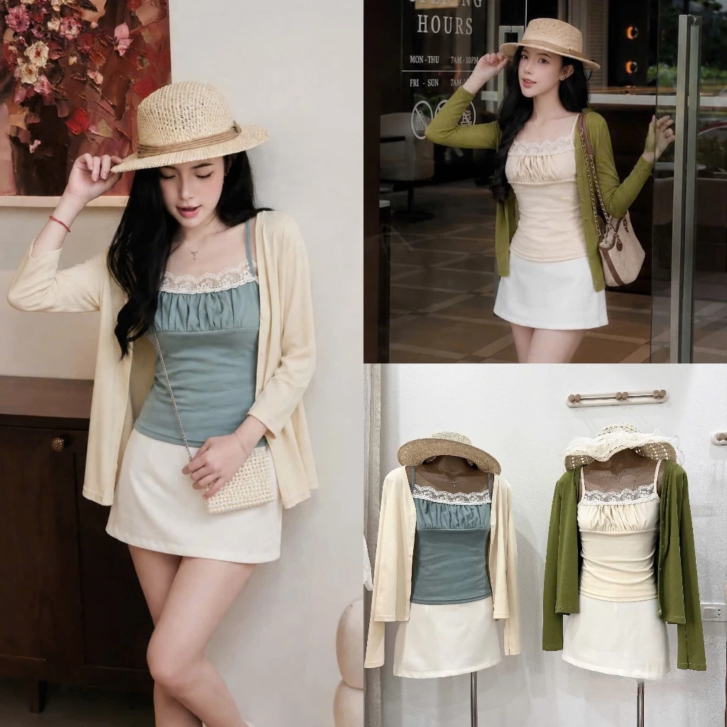 (Set 3 Món): Áo 2 Dây Nhún Ngực Phối Ren Ôm Body Dáng Ngắn+ Áo Khoác Thun Dài Tay+ Chân Váy Lụa 2 Màu-Ảnh Thật Lollaye