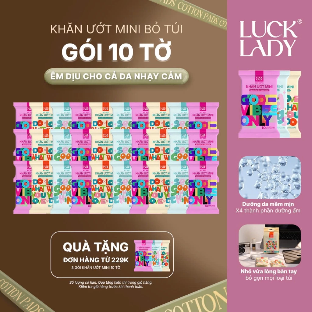 Combo 30 gói khăn ướt mini cao cấp Luck Lady, khăn ướt bỏ túi nhỏ gọn tiện lợi, 10 tờ/gói