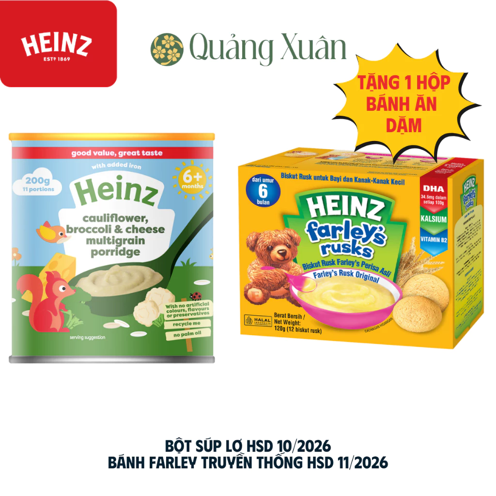 [HSD: 30/10/2026] Bột cháo ăn dặm ngũ cốc, súp lơ, bông cải phô mai 200g Heinz