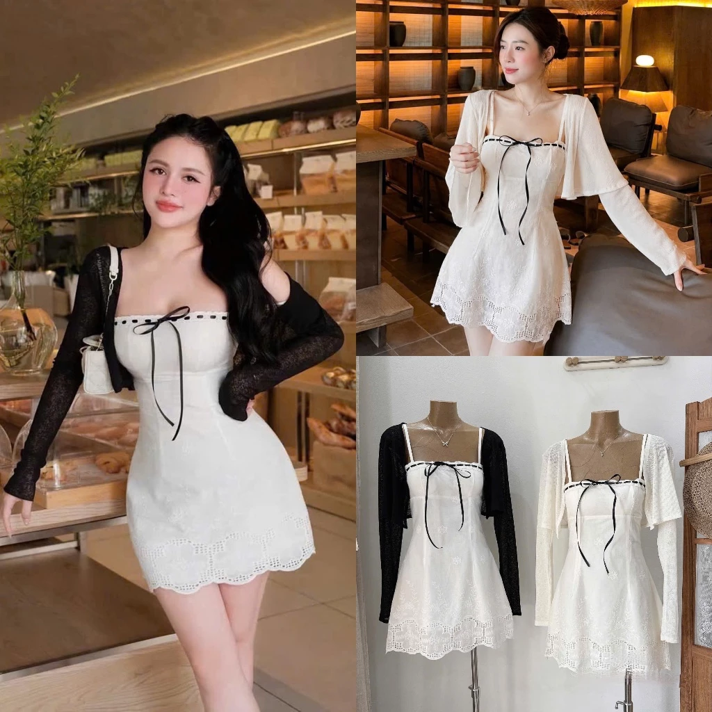 (Set 2 Món): Khoác Len Tăm Dài Tay Mix Váy 2S Đính Luồn Dây Nơ Đen Dáng Xòe 2 Màu Siêu Xinh-Ảnh Thật Lollaye