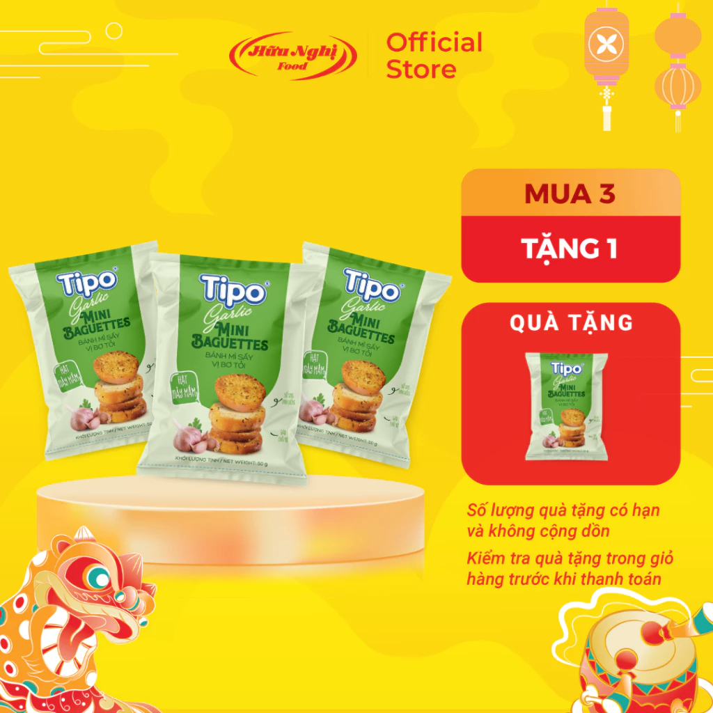 COMBO 3 Bánh mì sấy Bơ tỏi Tipo 50g Hữu Nghị dinh dưỡng, ngon giòn, ăn vặt tiện lợi