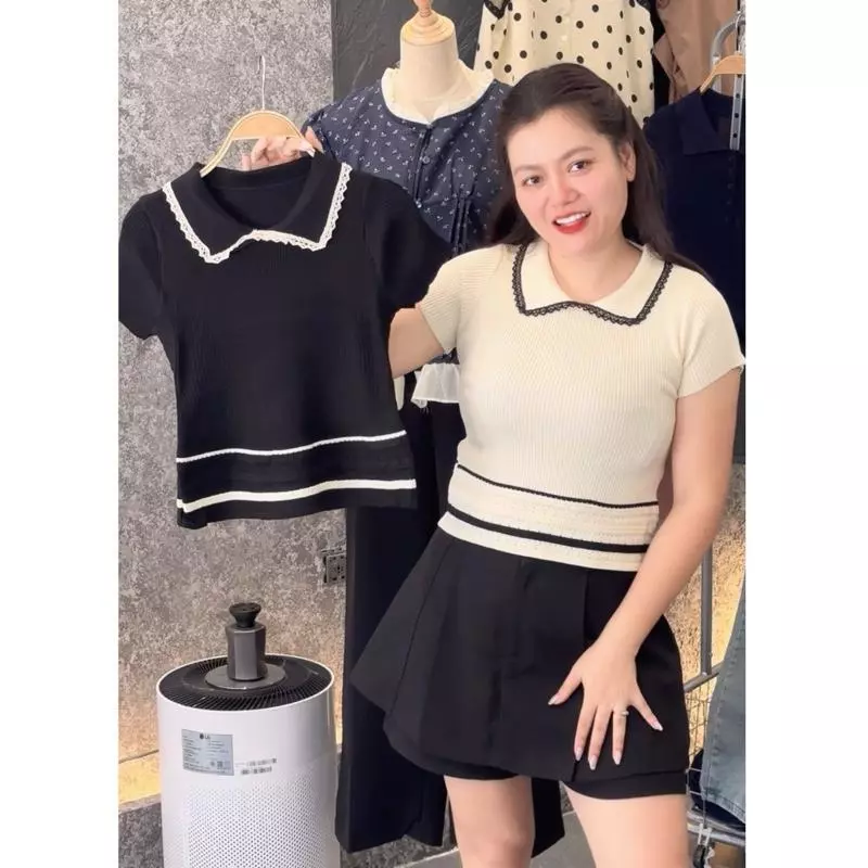 386 BIGGSIZE Áo polo thun len nữ cộc tay phối viền ren cao cấp