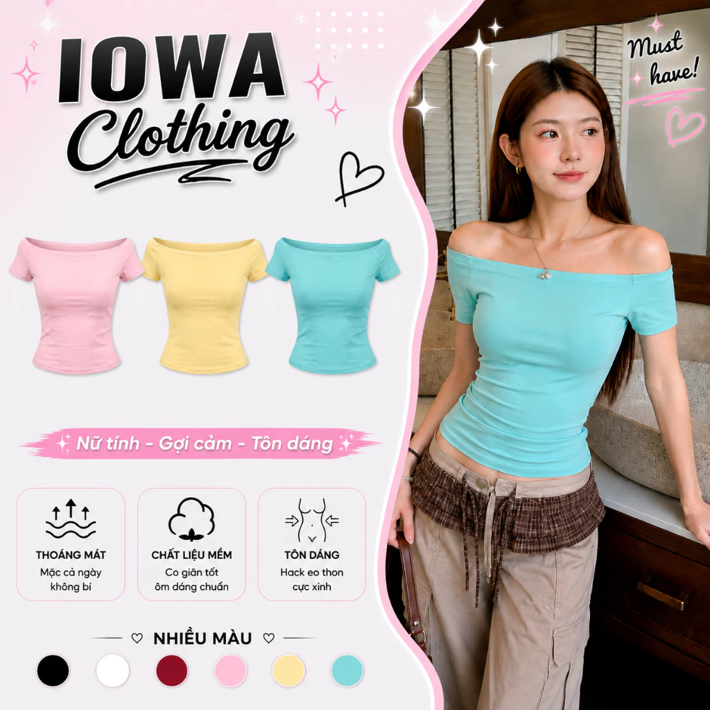 [MỞ BÁN] Áo Thun Nữ Trễ Vai Ôm Body IOWA DD87 - Thun Borip Lụa Co Giãn, Mềm Mát IOWA