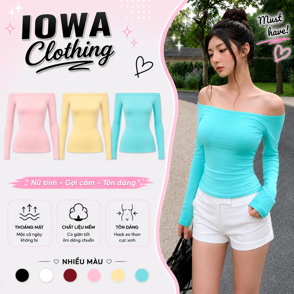 [MỞ BÁN] Áo Thun Nữ Tay Dài Trễ Vai Ôm Body IOWA DD157 - Thun Borip Lụa Thoáng Mát, Co Giãn, Đơn Giãn