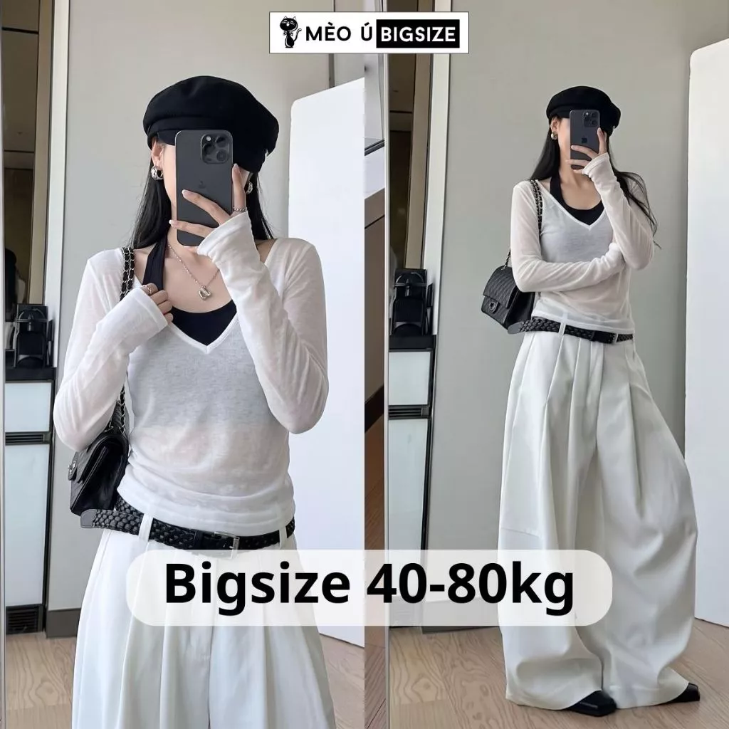 Set áo nữ BIGSIZE Mèo Ú áo thun dài tay cổ V form rộng phối áo yếm cổ halter trẻ trung năng động dễ phối đồ 391