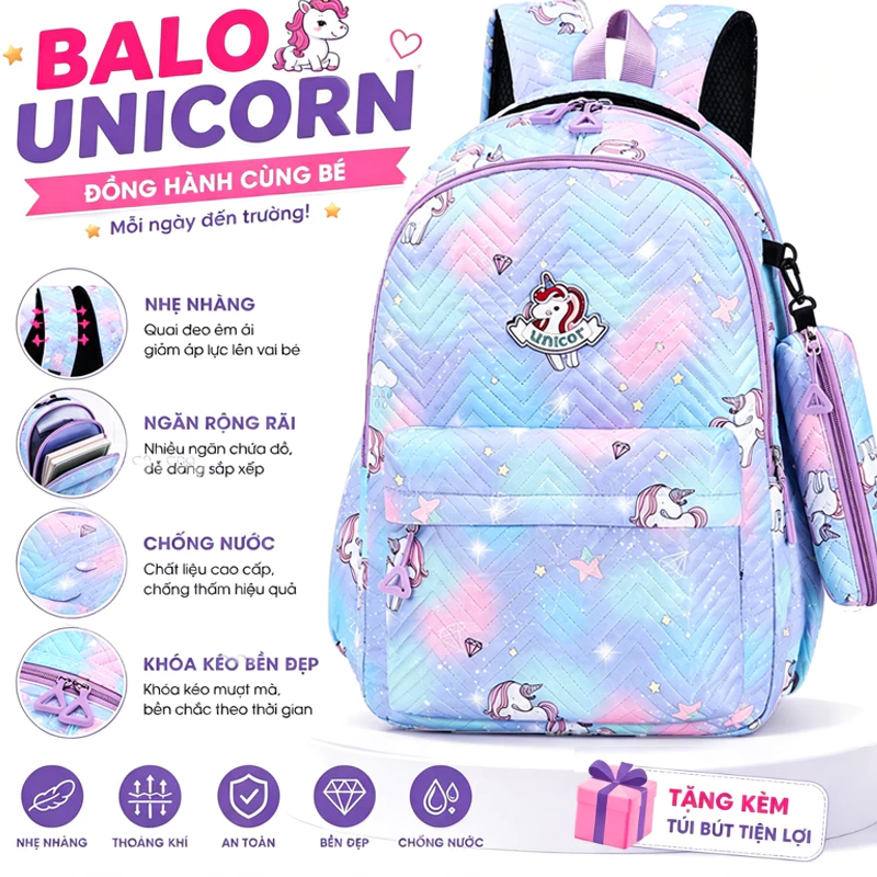 Balo đi học nữ thời trang Hàn Quốc vải dù mịn chống nước nhiều ngăn tiện lợi màu tím hồng trắng đen.B300