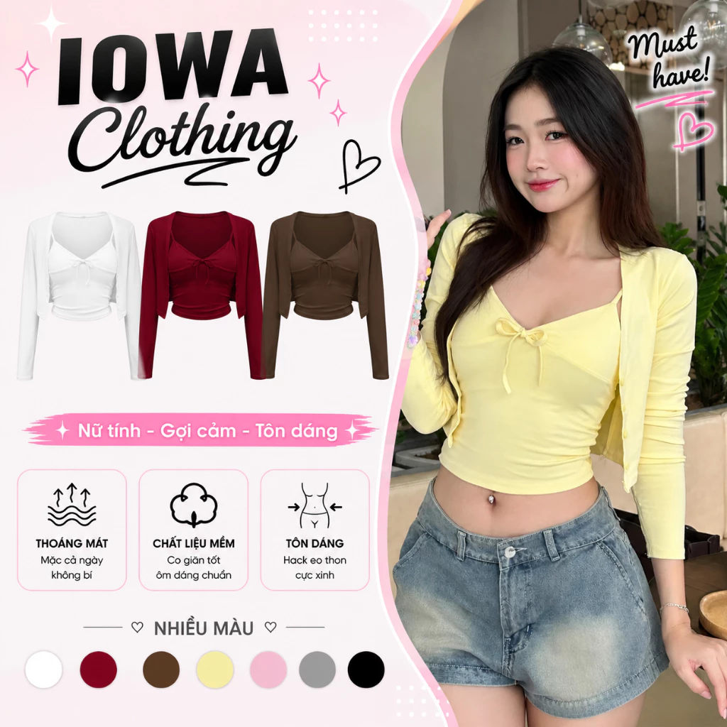 Set Áo Cardigan Nữ Dáng Ngắn Kèm Áo Hai Dây IOWA SET12 - Thun Borip Lụa Mềm Mát, Ôm Body