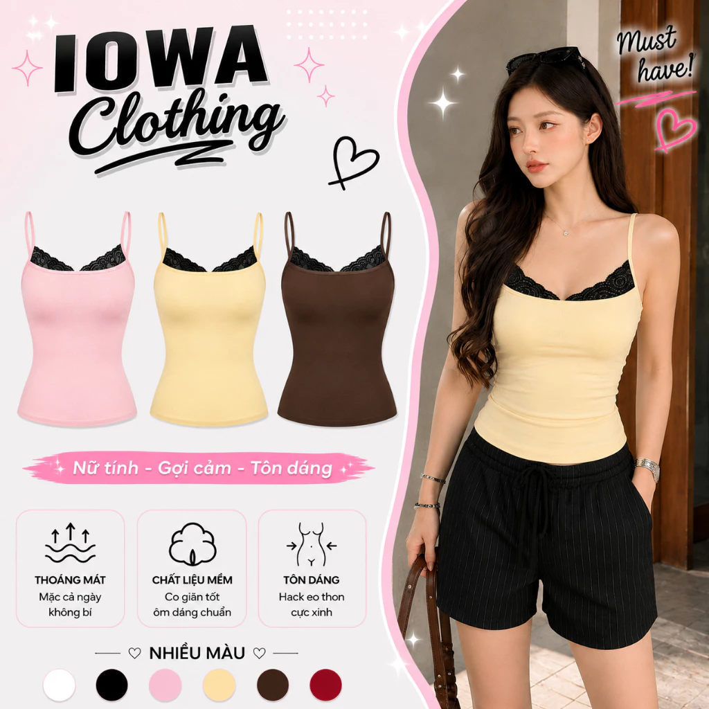 (MỞ BÁN) Áo Hai Dây Nữ Ren Ngực Dáng Dài Ôm Body IOWA DD23 - Borip Lụa Co Giãn Mềm Mịn