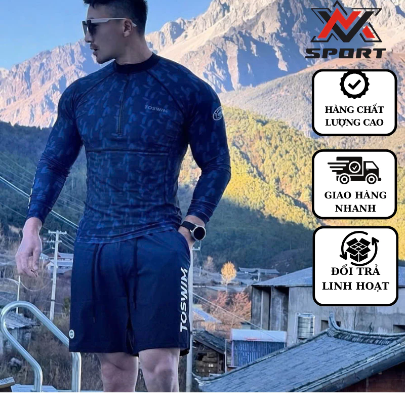 Bộ Đồ Bơi Nam Cao Cấp Kiêm Tập Gym Đa Năng: Áo Thun Poly Co Giãn + Quần Gió Thể Thao Full Size 50-90KG [K258]