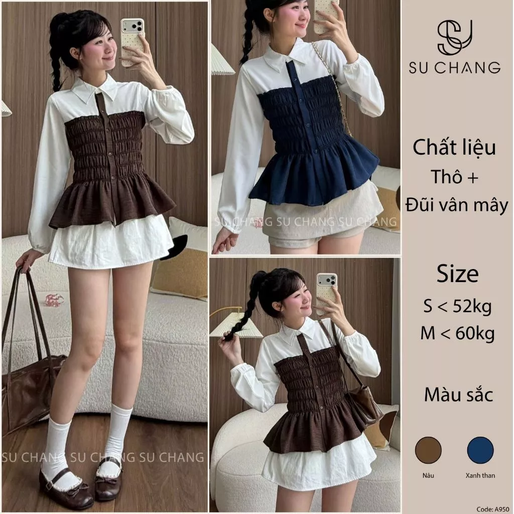 Áo Kiểu Nhún Thân Sơ Mi Dài Tay A950 Su Chang Thời Trang Nữ