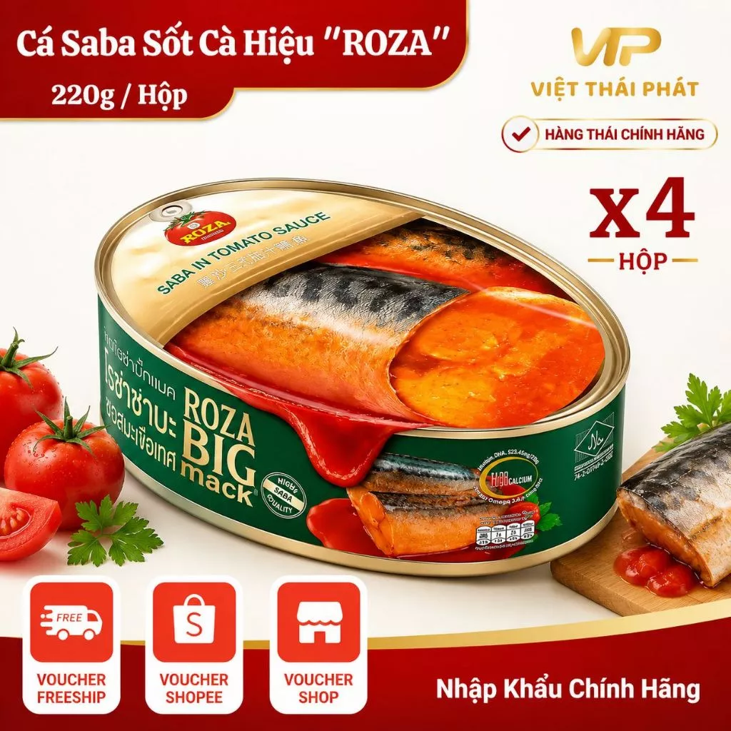 [ Combo 4 Hộp ] Cá Saba Sốt Cà Hiệu Roza | Việt Thái Phát - Hàng Thái Chính Hãng (220g/hộp)