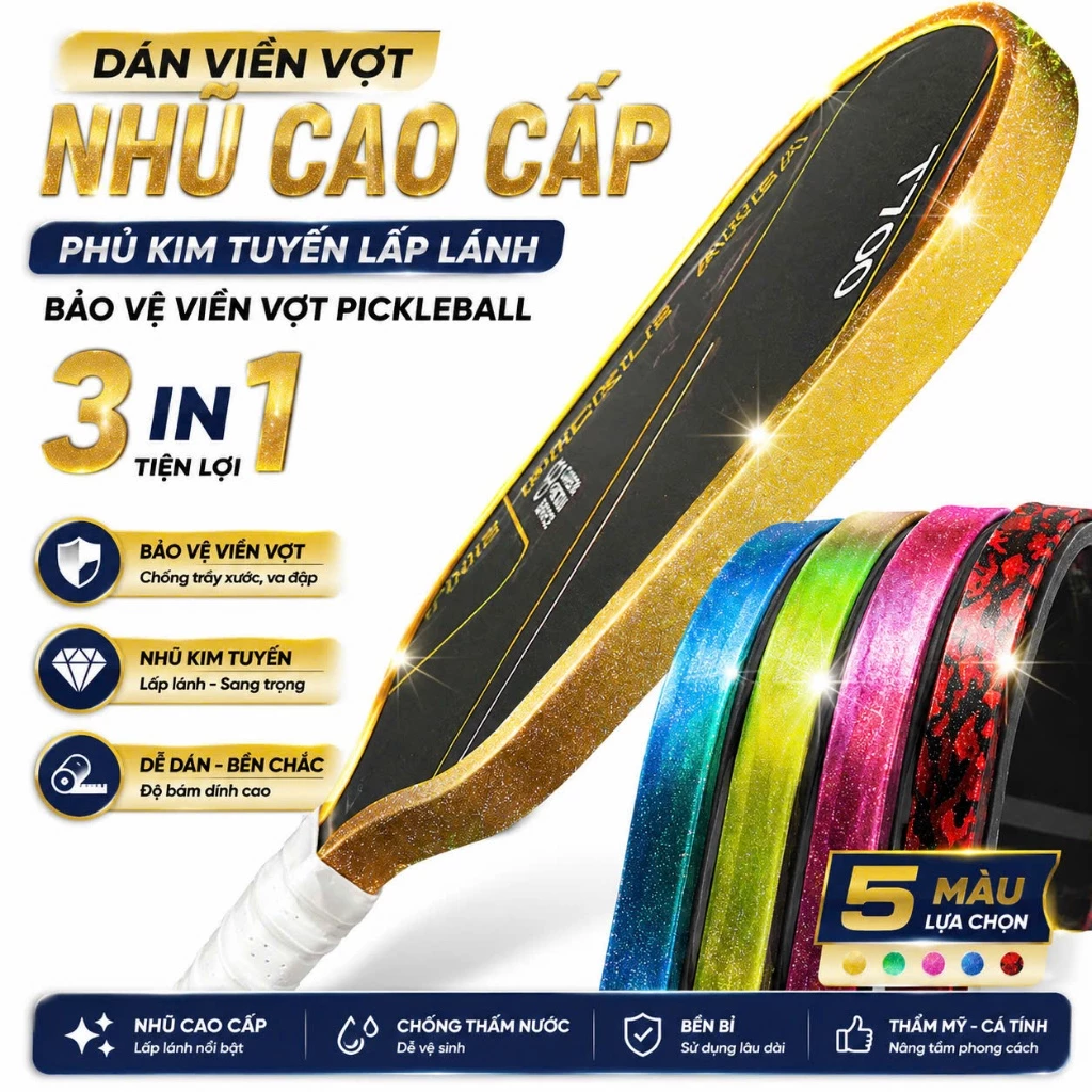 Dán viền vợt Pickleball Nhũ 5D phủ KIM TUYẾN phản quang 16mm 14mm Crom tráng Gương chất liệu Cao Cấp