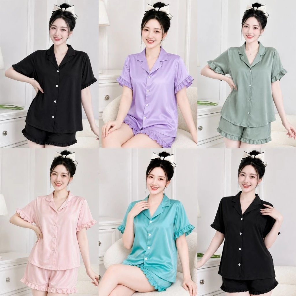 Bộ Ngủ Mặc Nhà Cộc Tay, Quần Cộc Phối Bèo Lụa Trơn, Pyjama Mặc Dễ Chịu, Nhẹ Nhàng và Thoáng Mát B07